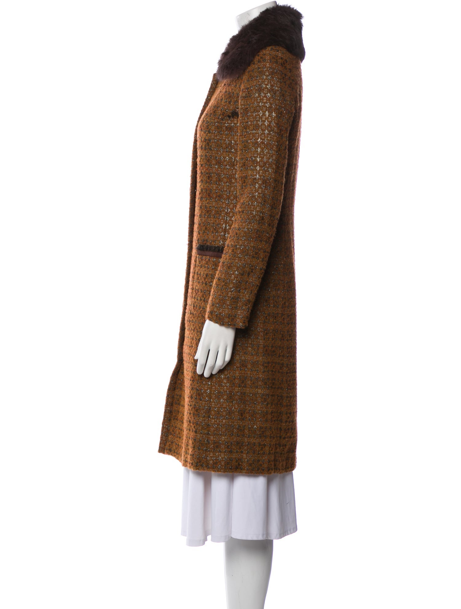 Tory Burch Wool Tweed Pattern Fur Coat