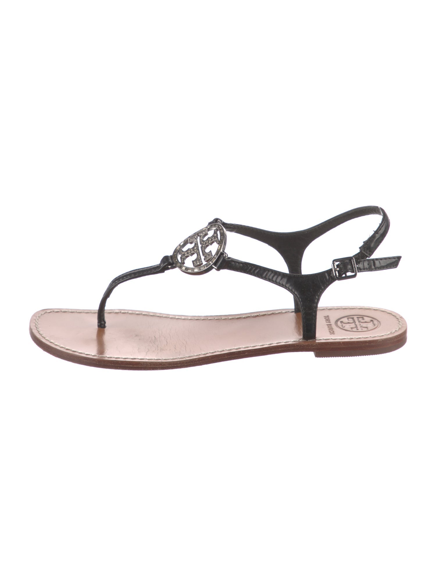 Tory Burch Patent Leather Crystal Embellishments T-Strap Sandals