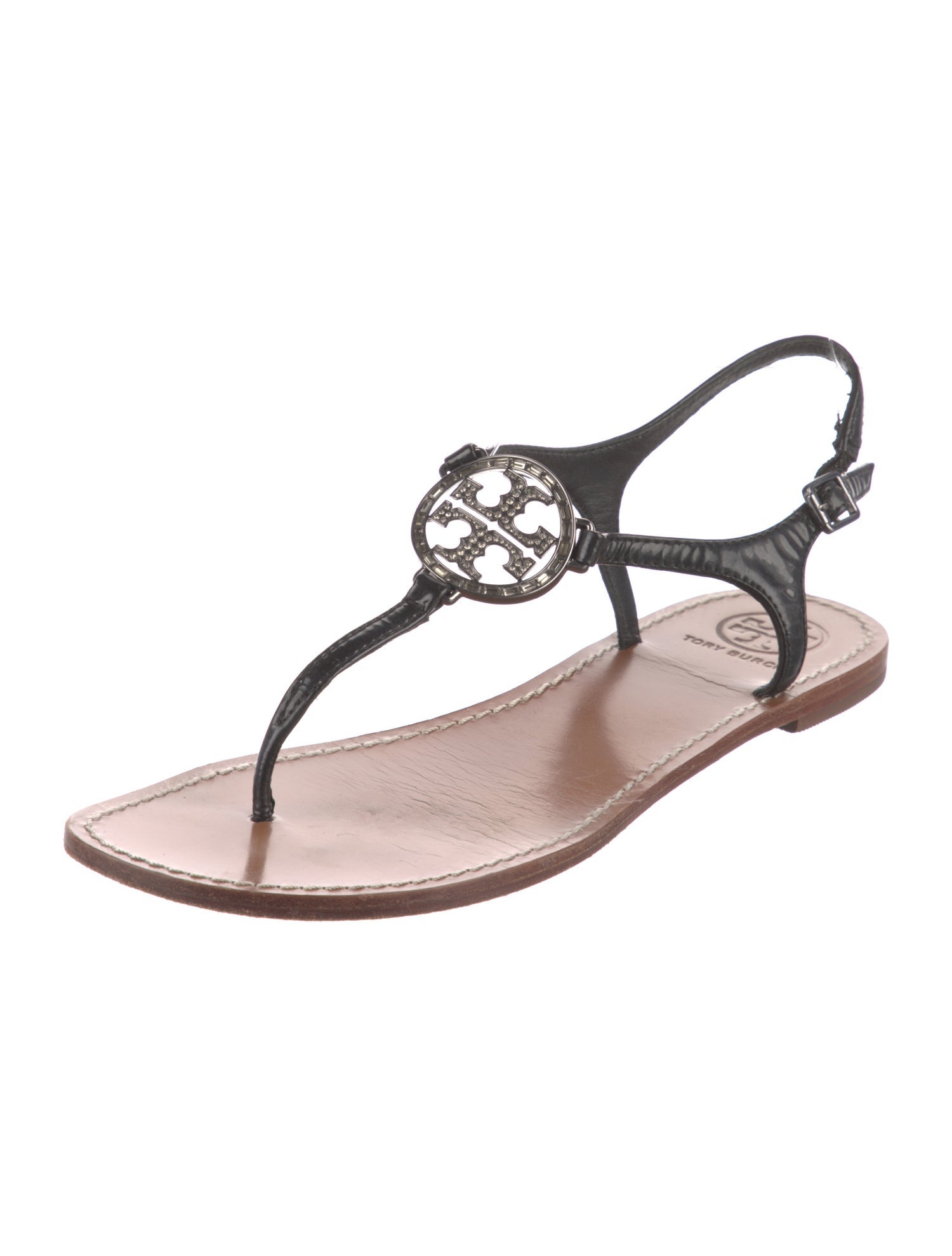 Tory Burch Patent Leather Crystal Embellishments T-Strap Sandals