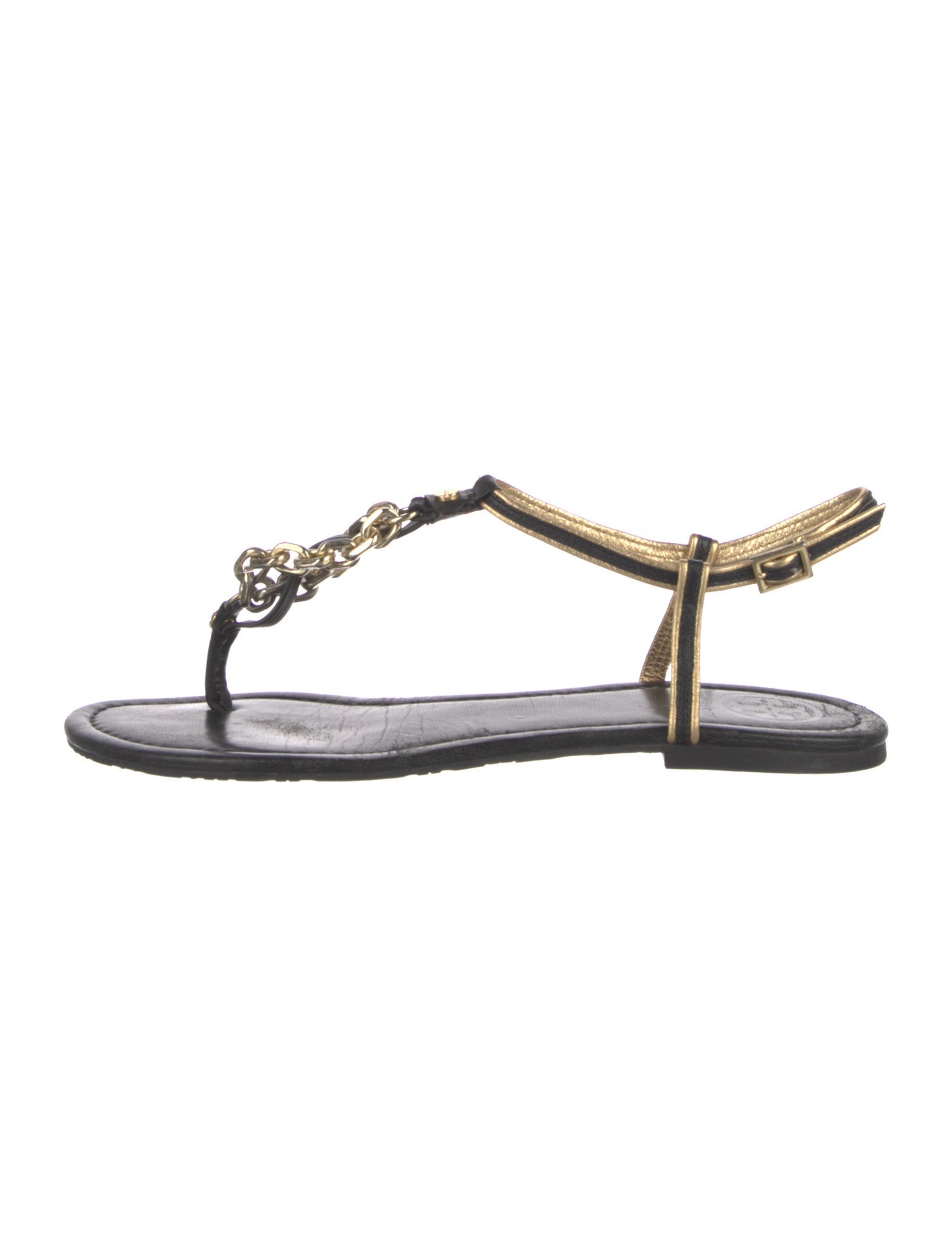 Tory Burch Leather Chain-Link Accents T-Strap Sandals