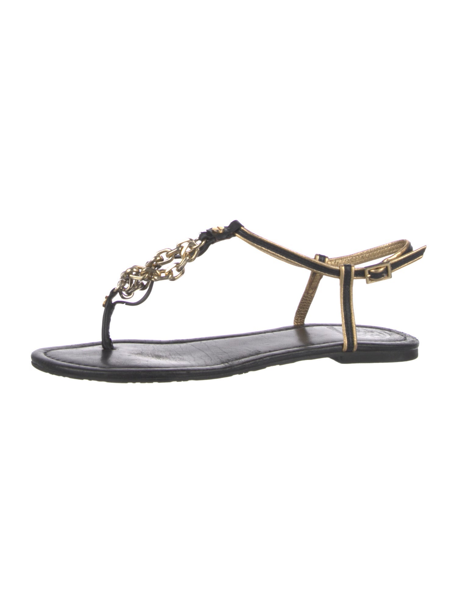 Tory Burch Leather Chain-Link Accents T-Strap Sandals