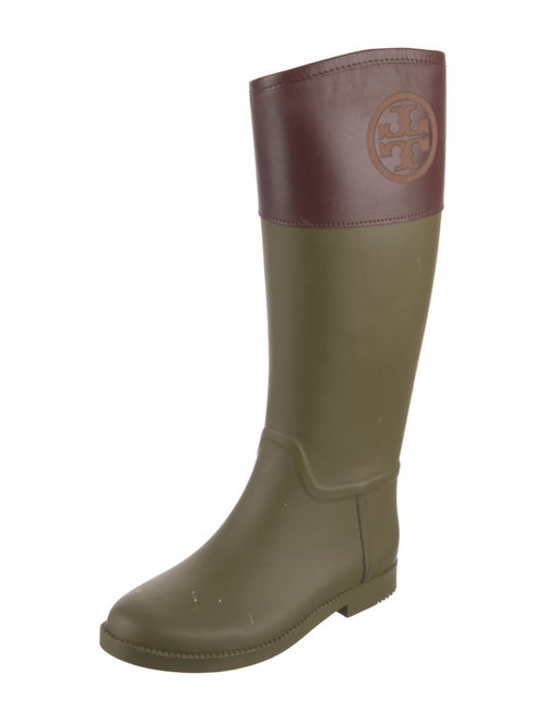 Tory Burch Rubber Leather Trim Embellishment Rain Boots