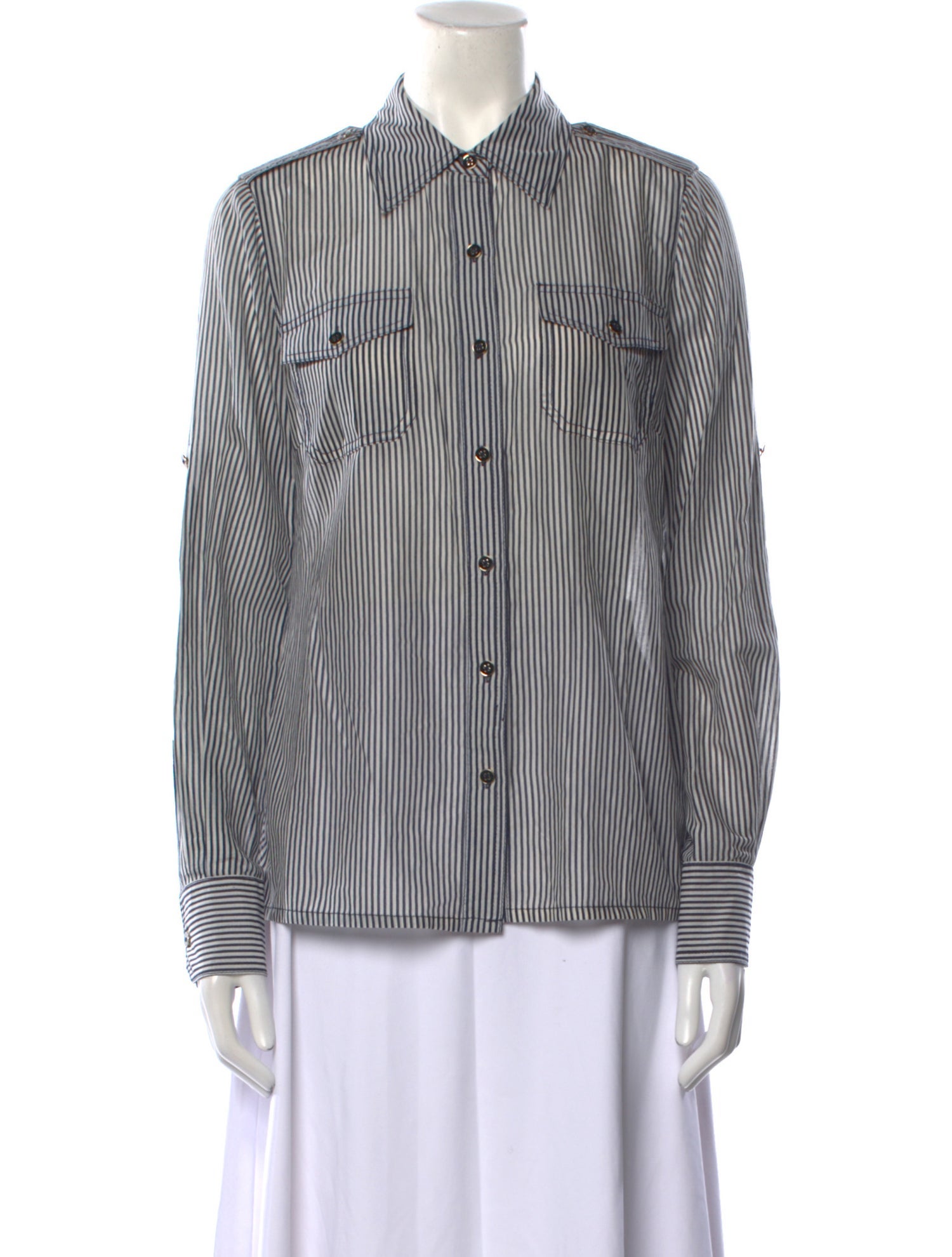 Tory Burch Striped Long Sleeve Button-Up Top