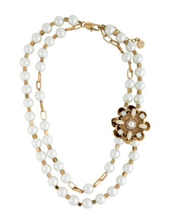 Tory Burch Crystal & Faux Pearl Double Strand Necklace