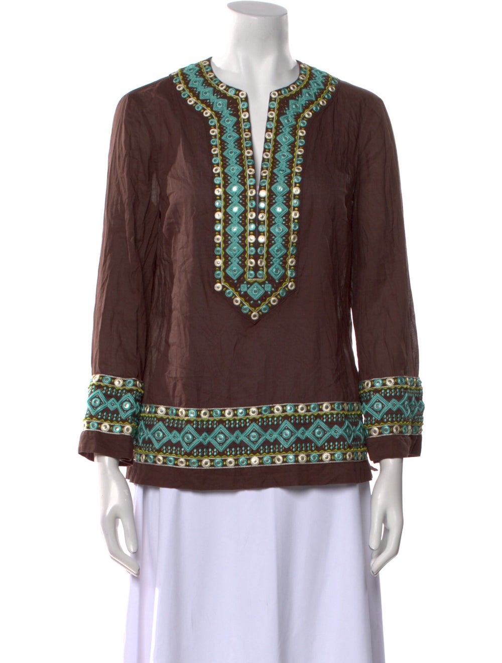 Tory Burch Tunic Brown Patterned Embroidered & Se… - image 1