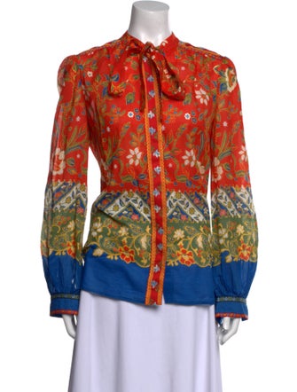 Tory Burch Floral Print Mock Neck Button-Up Top