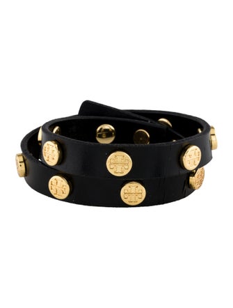 Tory Burch Leather Logo Studded Double Wrap Bracelet