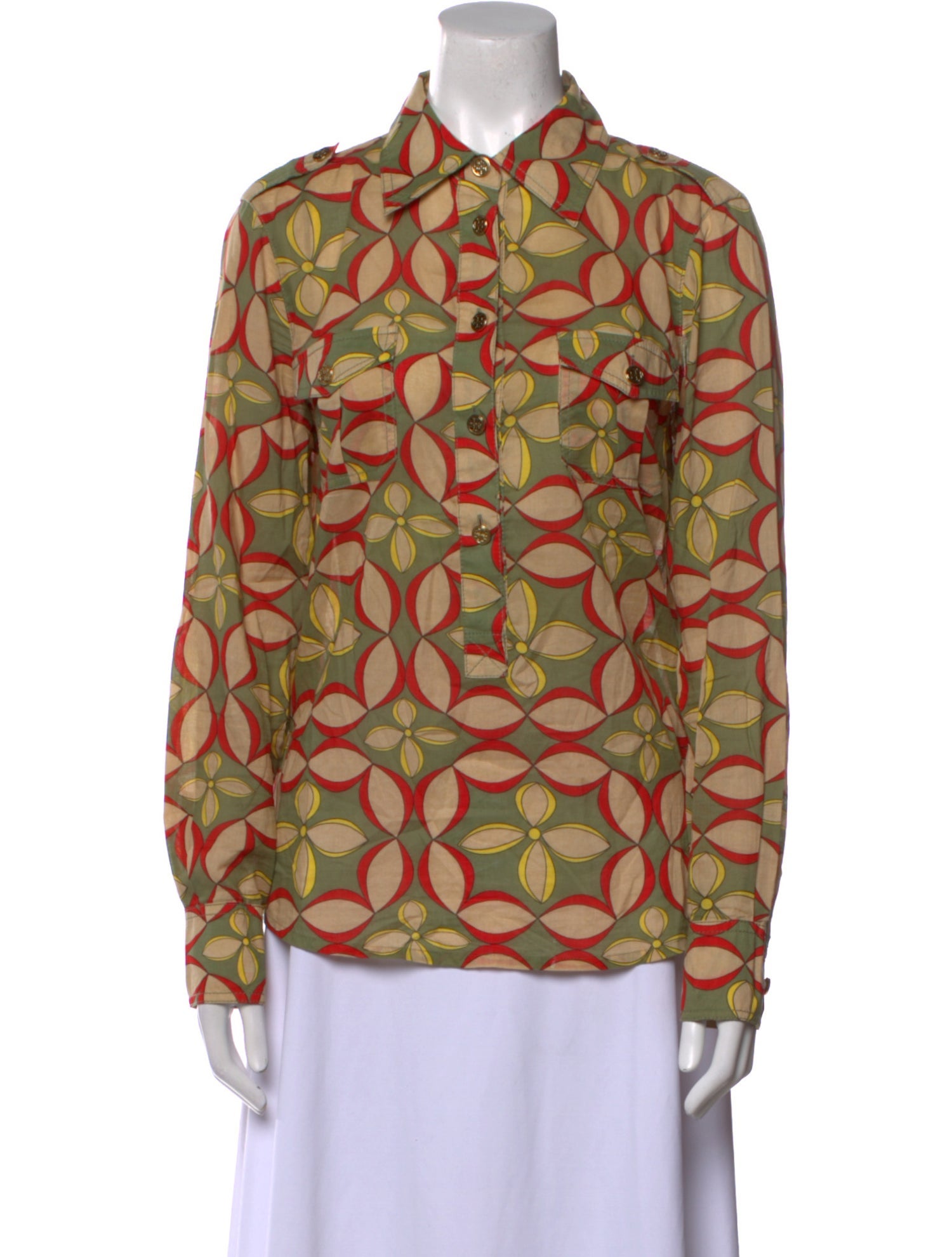 Tory Burch Printed Long Sleeve Button-Up Top