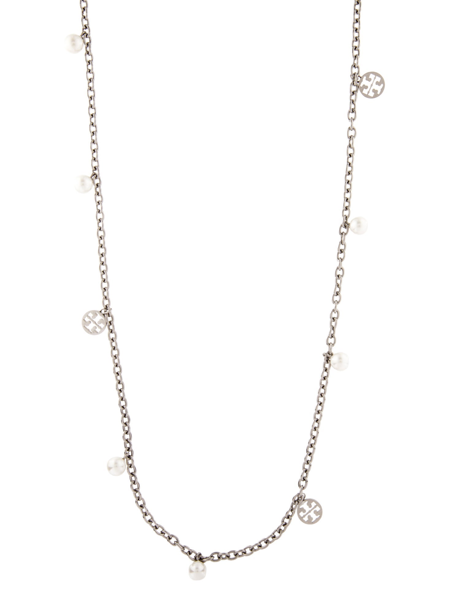 Tory Burch Faux Pearl Logo Rosary Station Necklace