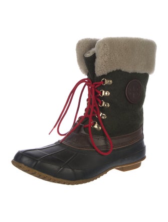 Tory Burch Wool Fur Trim Lace-Up Boots