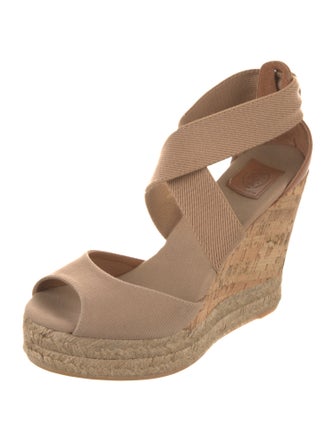 Tory Burch Canvas Leather Trim Embellishment Espadrilles