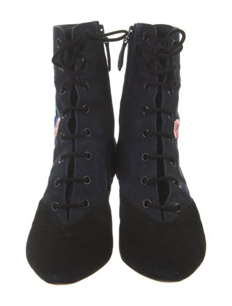 Tory Burch Suede Floral Print Lace-Up Boots