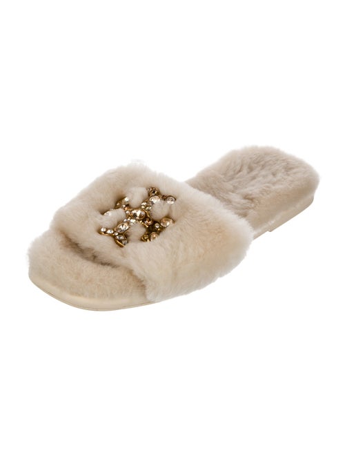 Tory Burch Shearling Crystal Embellishments Slides