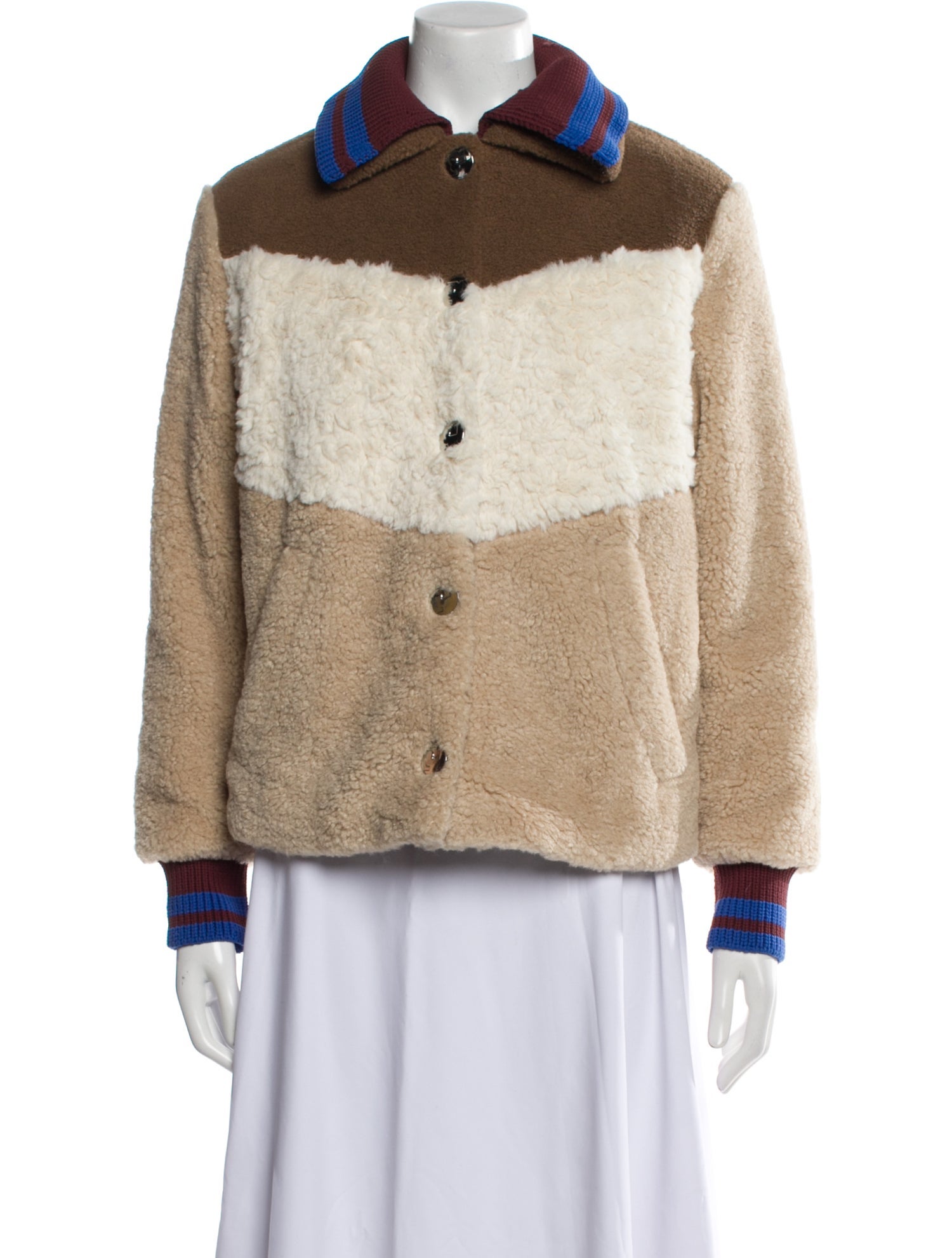 Tory Burch Colorblock Pattern Faux Fur Jacket
