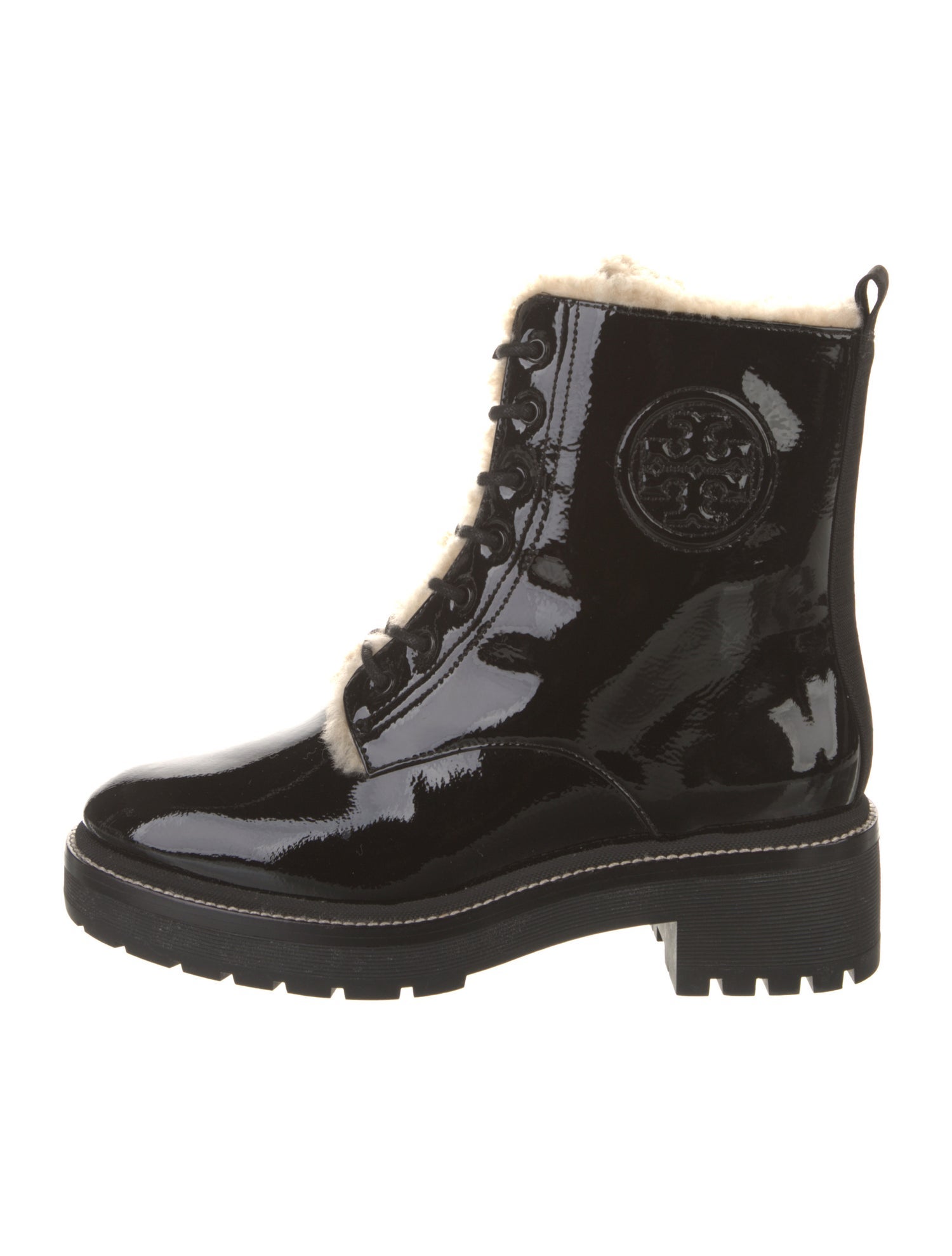 Tory Burch Patent Leather Fur Trim Combat Boots