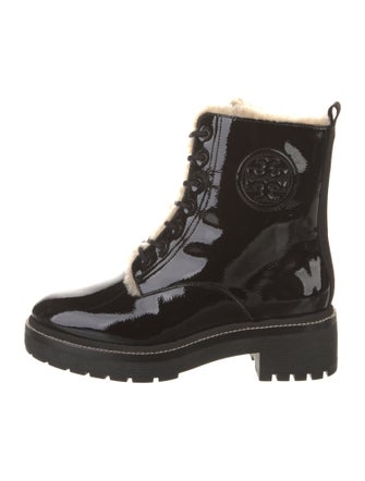 Tory Burch Patent Leather Fur Trim Combat Boots