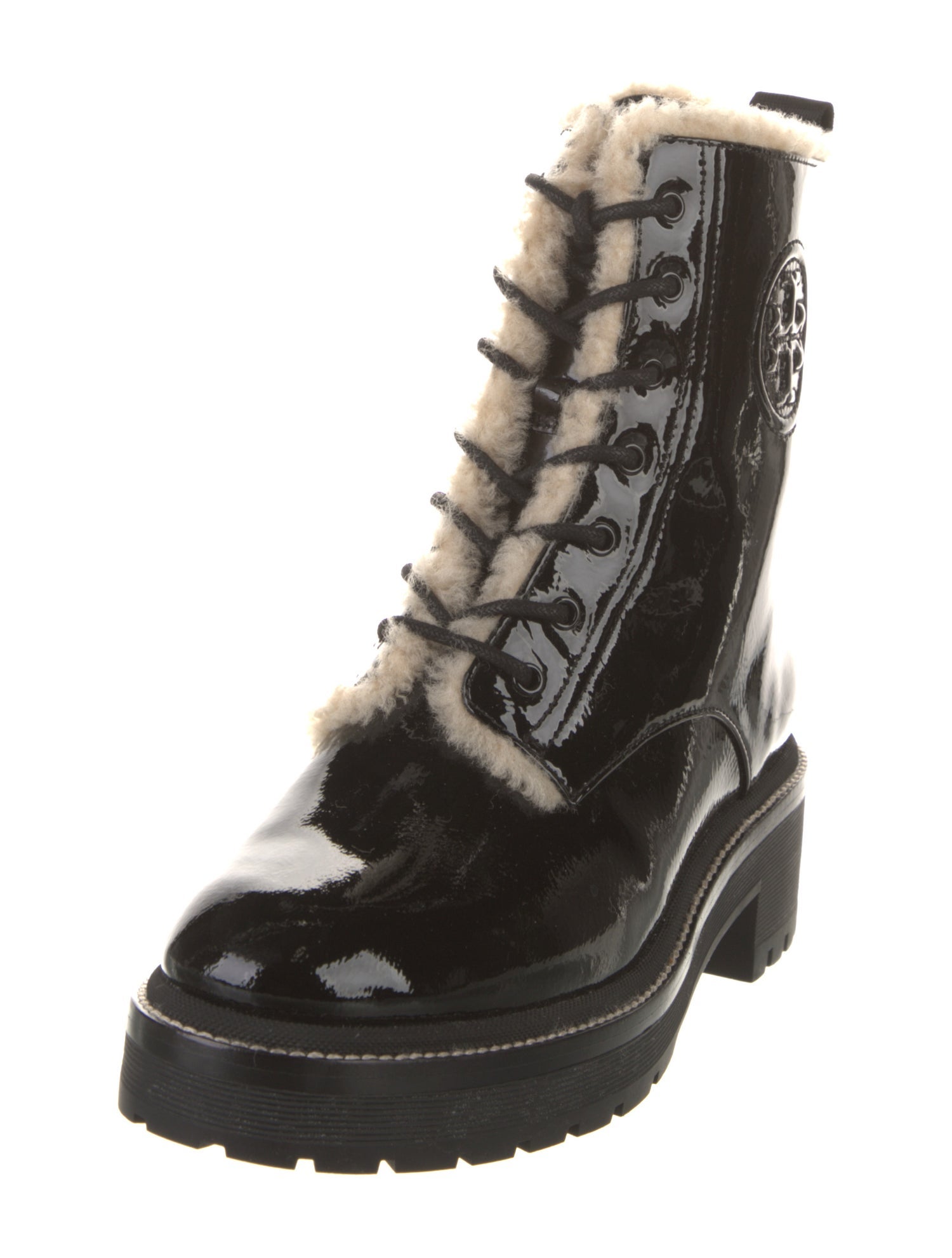 Tory Burch Patent Leather Fur Trim Combat Boots