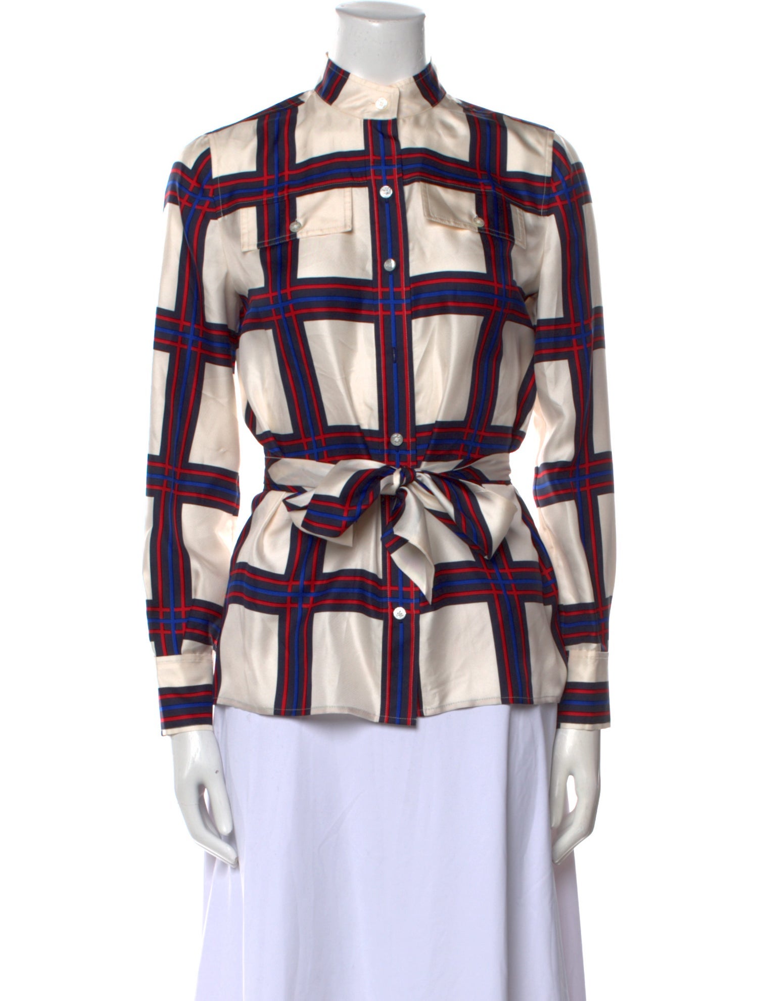 Tory Burch Silk Plaid Print Button-Up Top