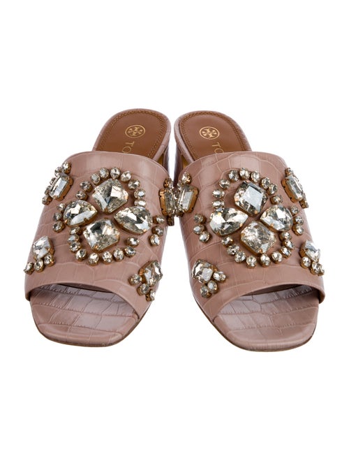 Tory Burch Embossed Leather Crystal Embellishments Slides