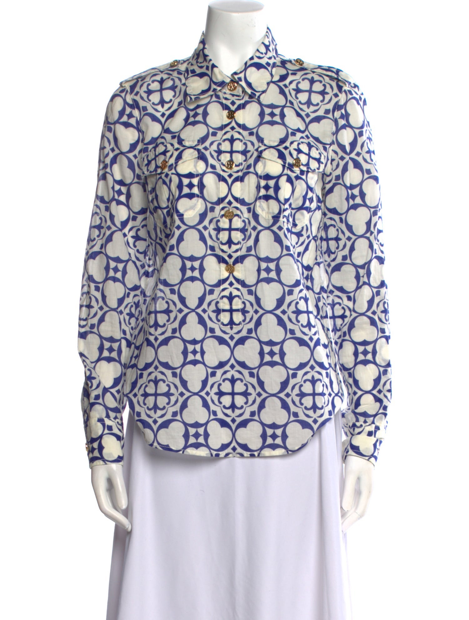 Tory Burch Printed Long Sleeve Button-Up Top