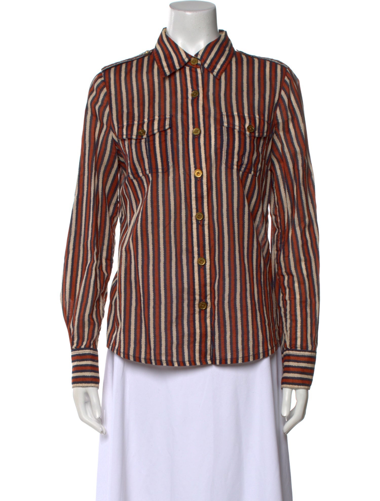 Tory Burch Striped Long Sleeve Button-Up Top