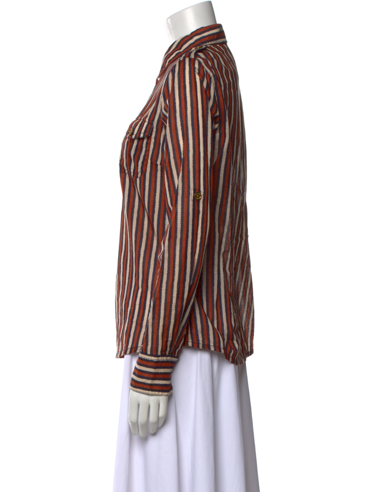 Tory Burch Striped Long Sleeve Button-Up Top