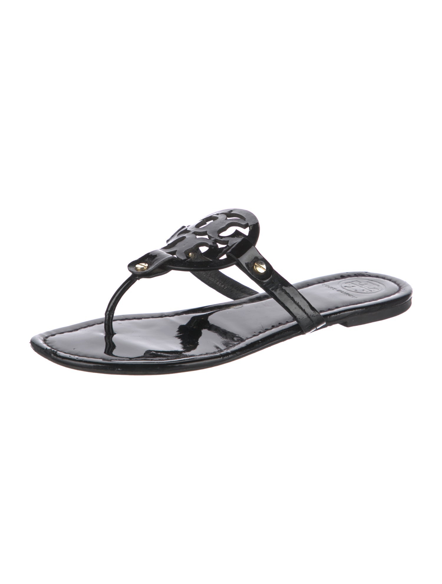 Tory Burch Patent Leather Leather Trim Embellishment Slides