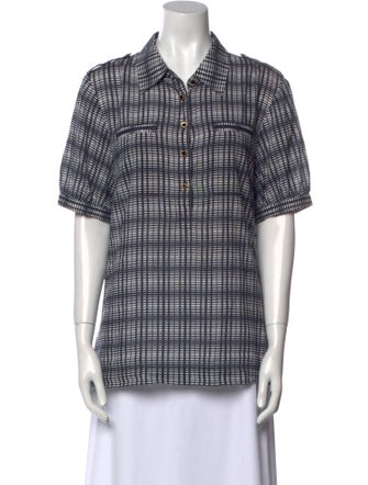 Tory Burch Plaid Print Short Sleeve Button-Up Top