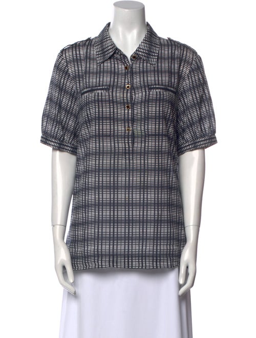 Tory Burch Plaid Print Short Sleeve Button-Up Top