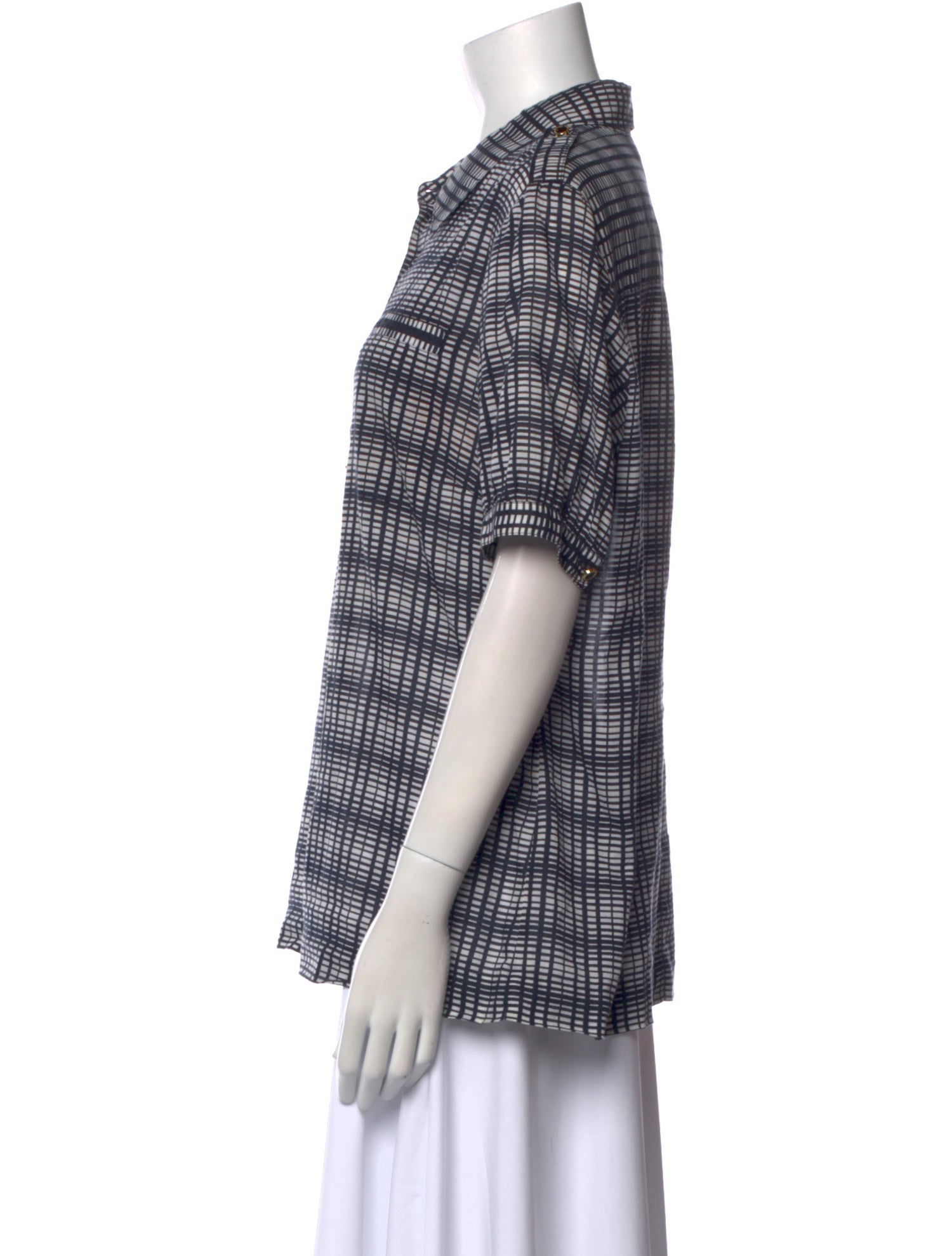 Tory Burch Plaid Print Short Sleeve Button-Up Top