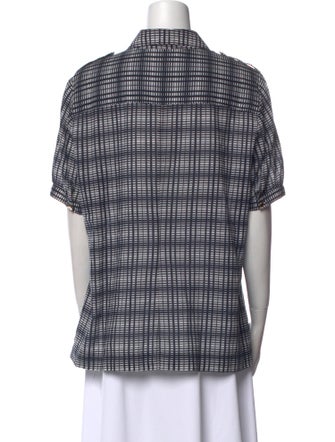 Tory Burch Plaid Print Short Sleeve Button-Up Top