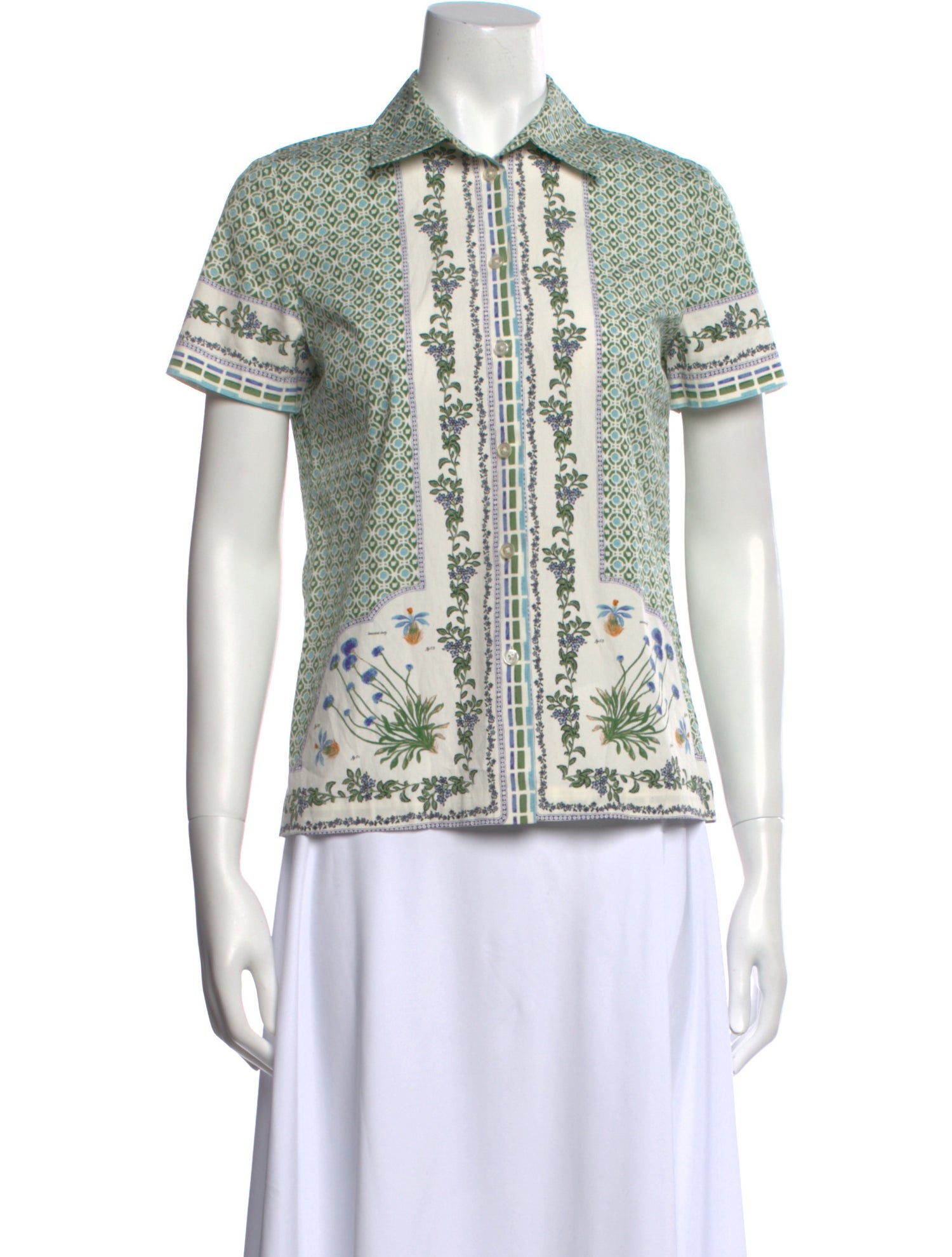 Tory Burch Printed Short Sleeve Button-Up Top