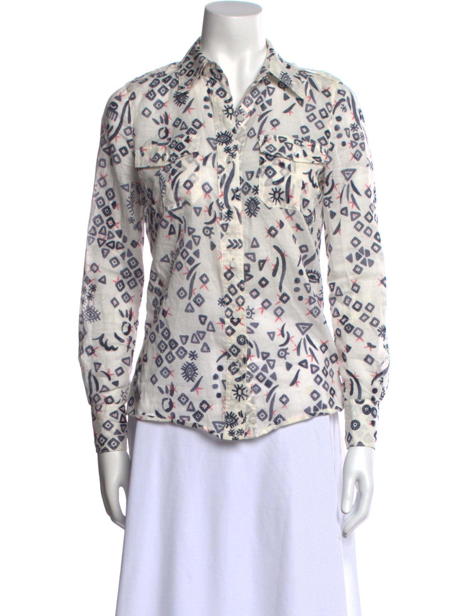 Tory Burch Printed Three-Quarter Sleeve Button-Up Top