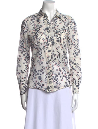 Tory Burch Printed Three-Quarter Sleeve Button-Up Top
