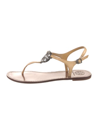 Tory Burch Leather Crystal Embellishments T-Strap Sandals
