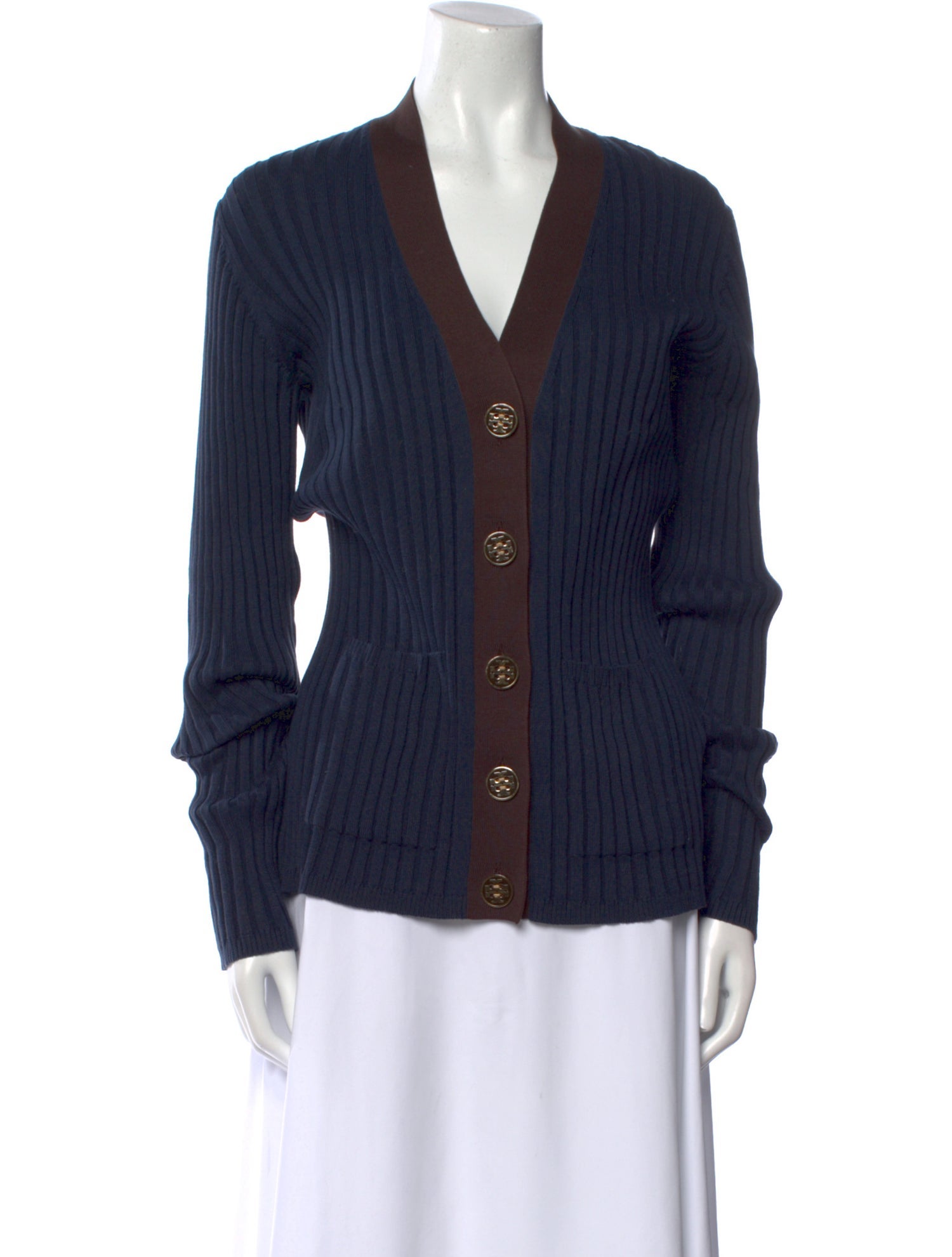 Tory Burch Colorblock Pattern V-Neck Sweater