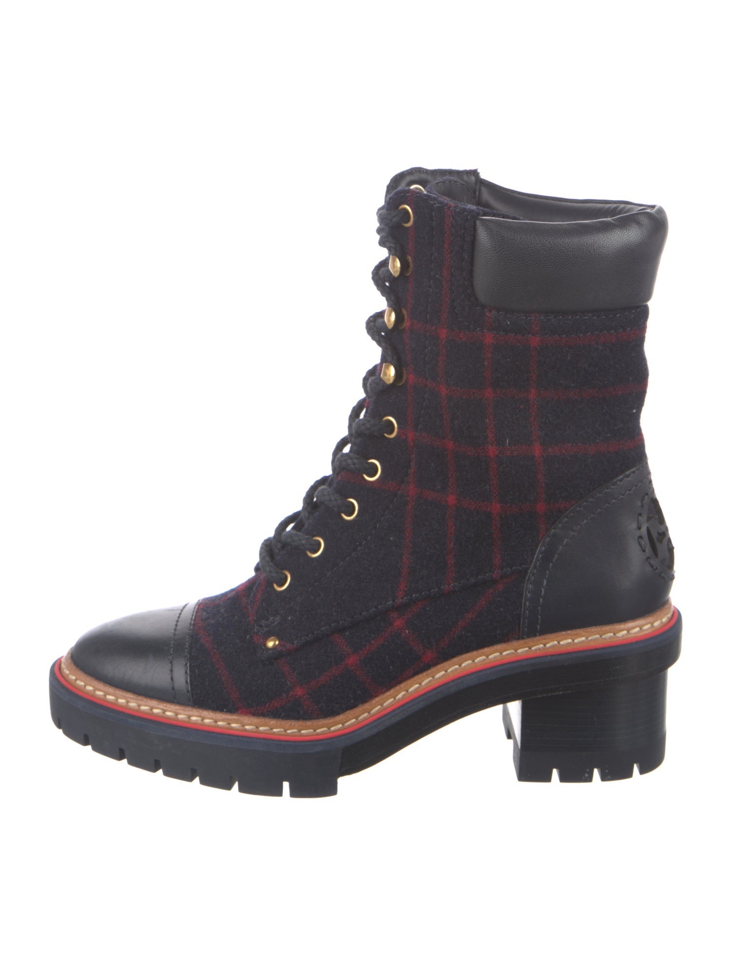 Tory Burch Leather Plaid Print Combat Boots