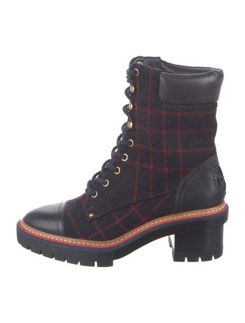 Tory Burch Leather Plaid Print Combat Boots