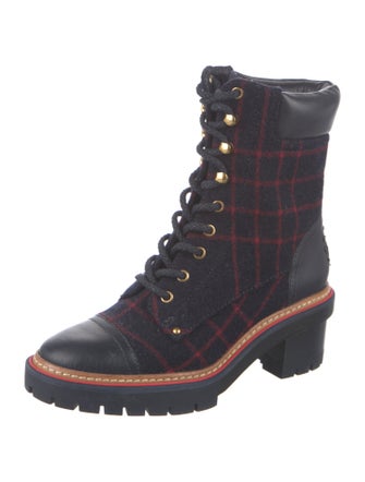 Tory Burch Leather Plaid Print Combat Boots