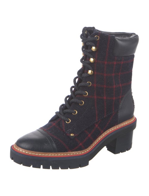 Tory Burch Leather Plaid Print Combat Boots
