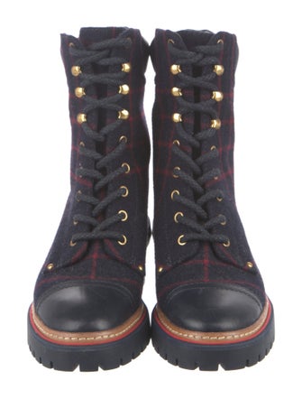 Tory Burch Leather Plaid Print Combat Boots