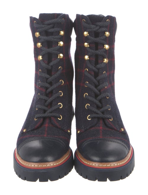 Tory Burch Leather Plaid Print Combat Boots