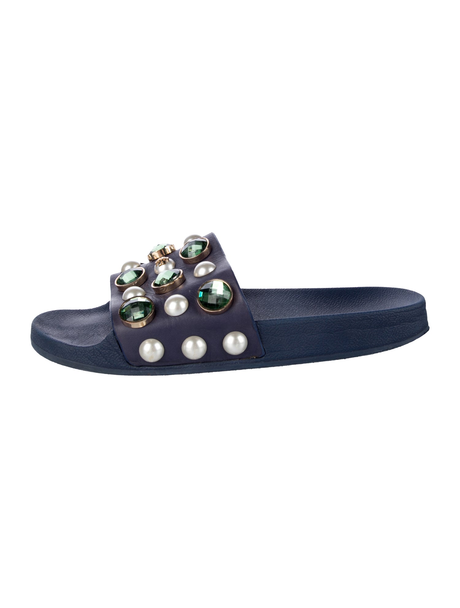 Tory Burch Leather Crystal Embellishments Slides