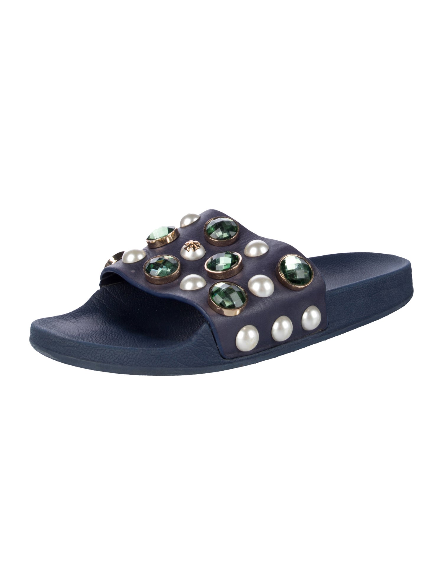 Tory Burch Leather Crystal Embellishments Slides