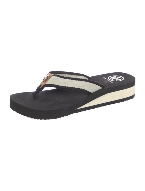 Tory Burch Canvas Leather Trim Embellishment Flip Flops