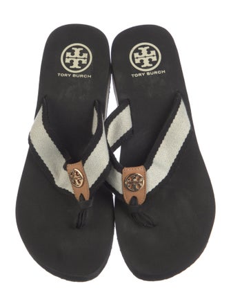 Tory Burch Canvas Leather Trim Embellishment Flip Flops