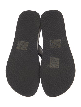 Tory Burch Canvas Leather Trim Embellishment Flip Flops