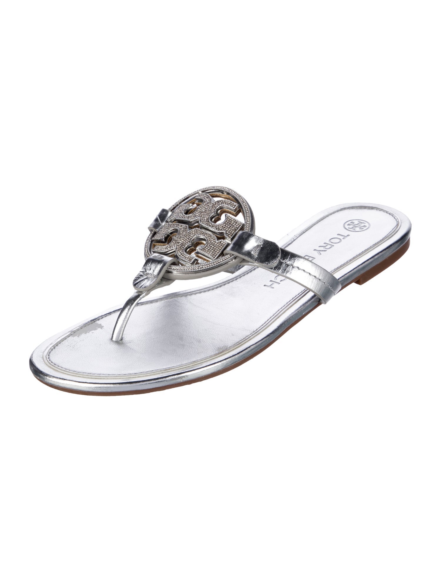 Tory Burch Leather Crystal Embellishments Slides