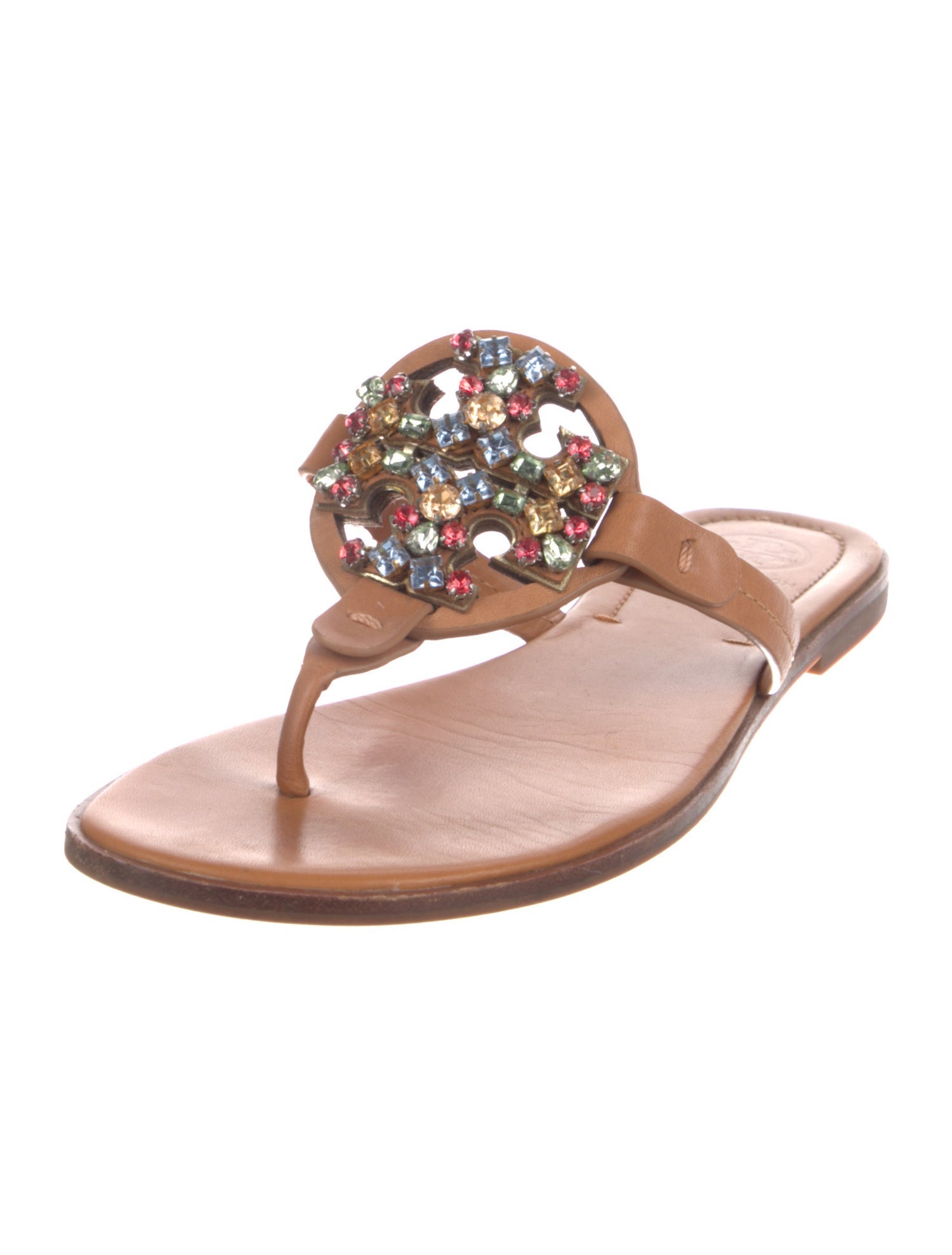 Tory Burch Leather Crystal Embellishments Slides