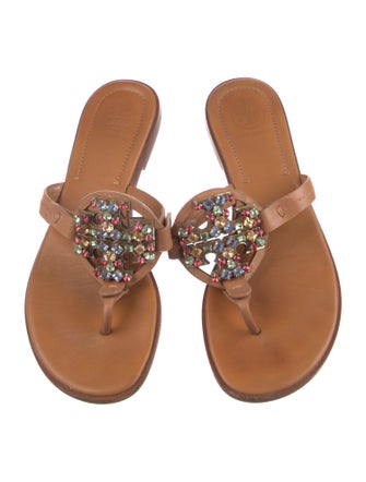 Tory Burch Leather Crystal Embellishments Slides